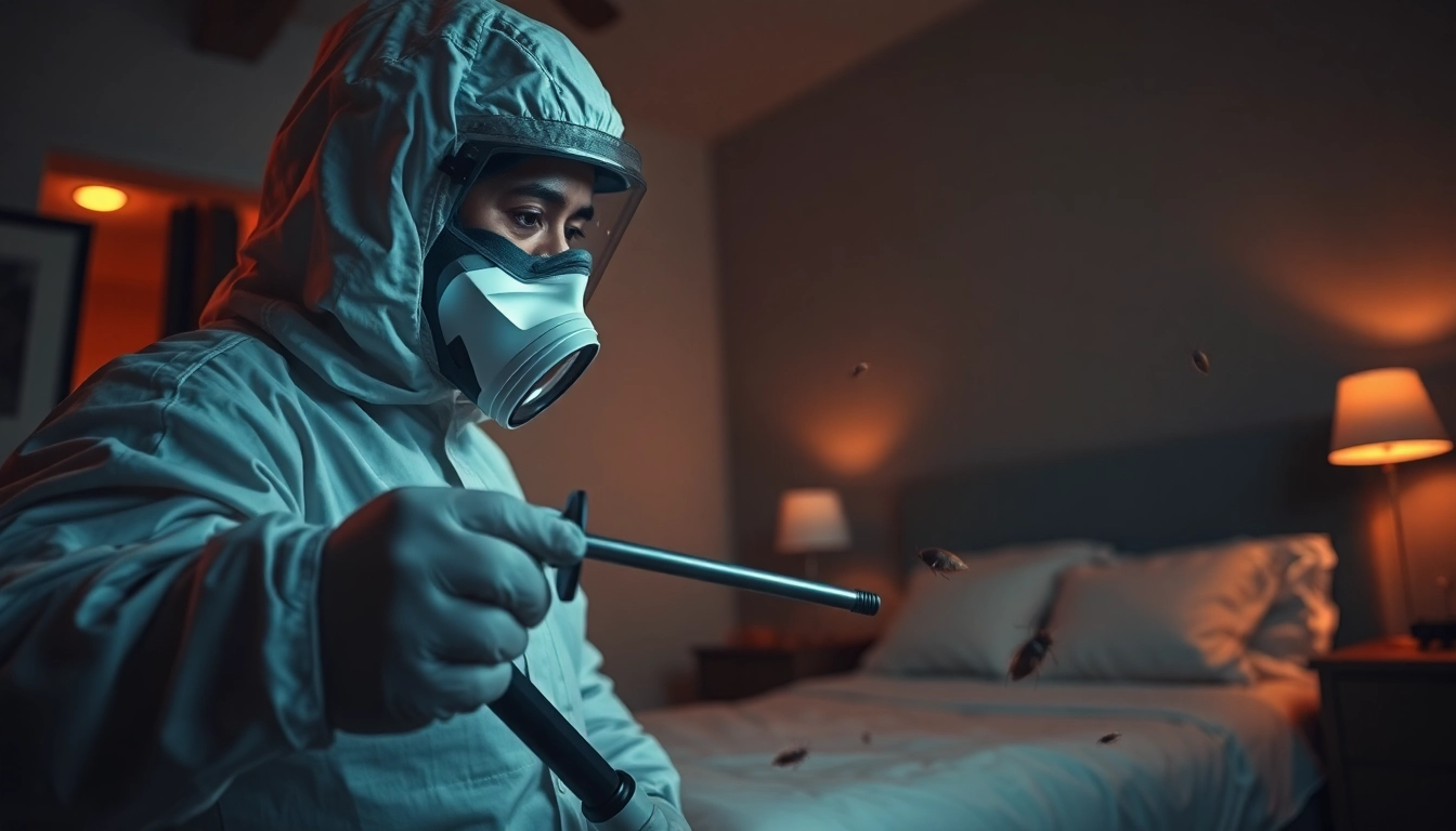 Expert providing bed bug extermination services in a bedroom to address an infestation.