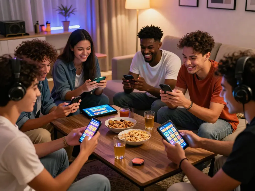 Friends enjoying a gaming session with luxury12 slot games, snacks, and vibrant atmosphere.
