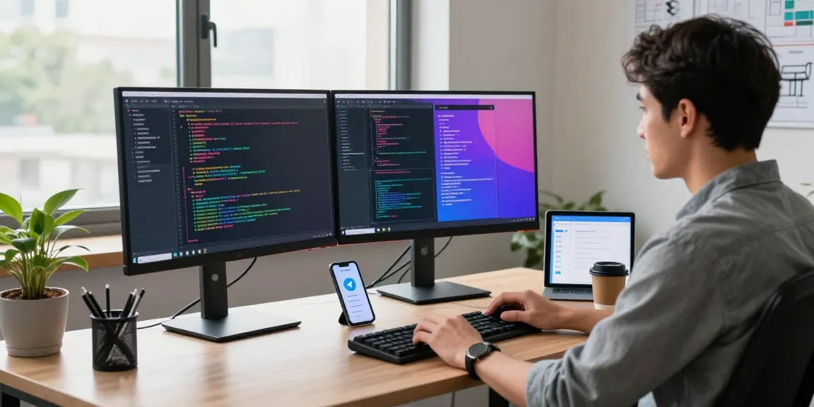Developer programming Telegram中文 in modern office with dual monitors and natural lighting.