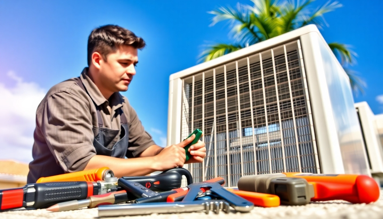 AC Repair Saint Petersburg FL technician repairing unit in bright, sunny setting.