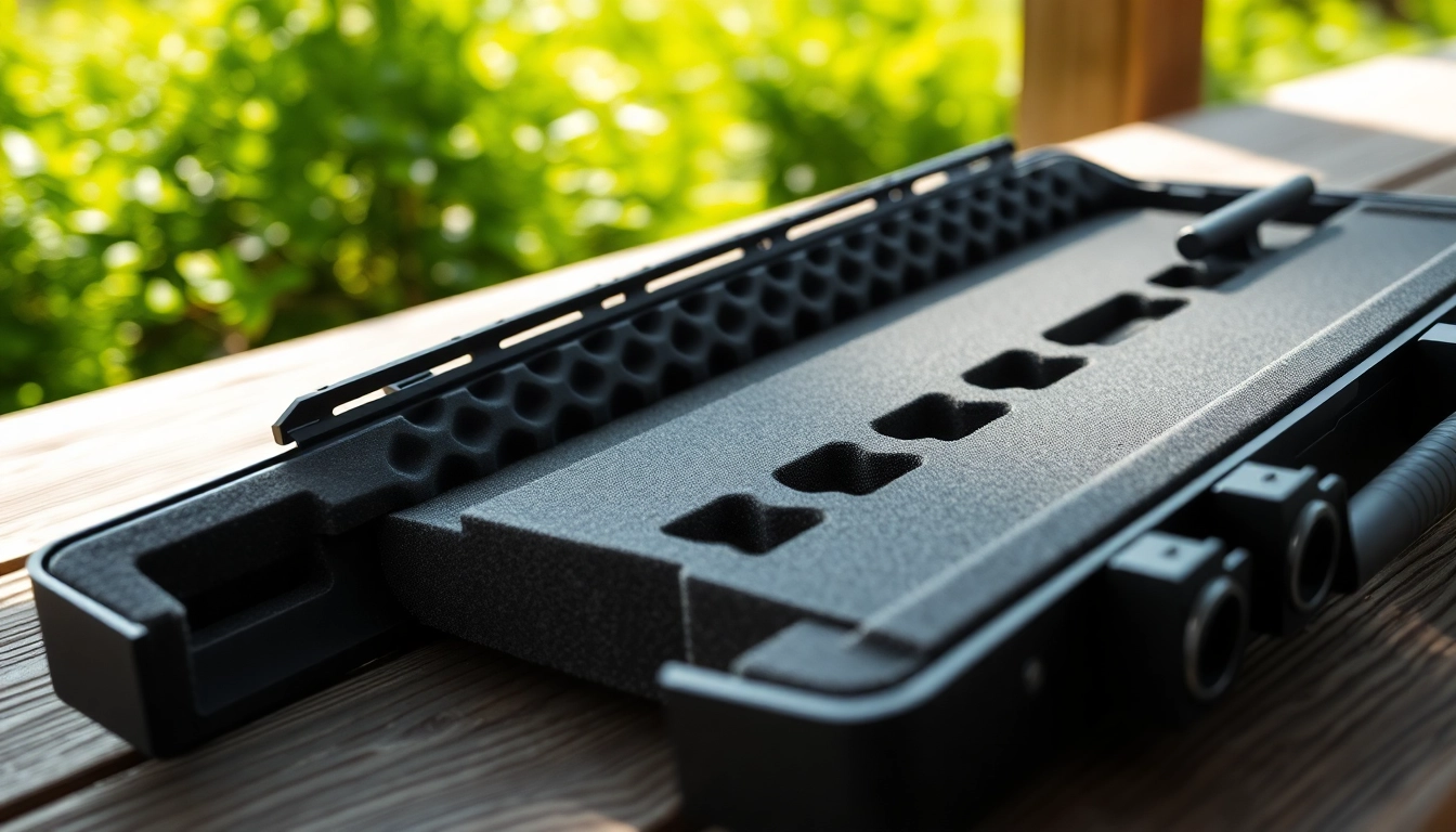 Secure foam for rifle case protecting firearms with customizable cutouts, showcased on a wooden surface.
