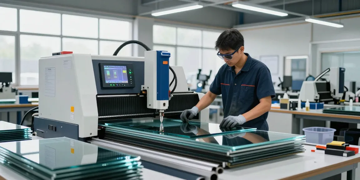 CNC glass cutting machine in action, showcasing precision in cutting machine glass at a modern workshop.
