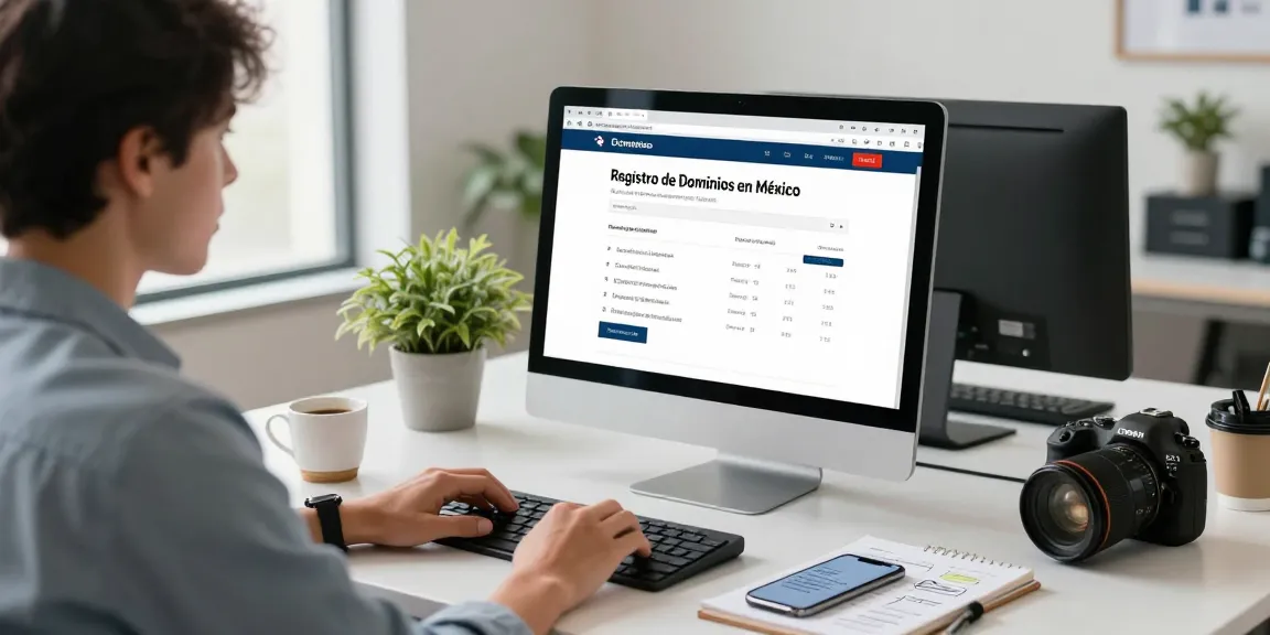 Registro de Dominios en México process in a modern office, showcasing a user registering domains with a computer and business notes.