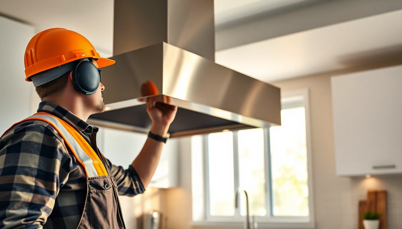 Technician performing vent hood repair in a modern kitchen, showcasing detail in the stainless steel appliances.