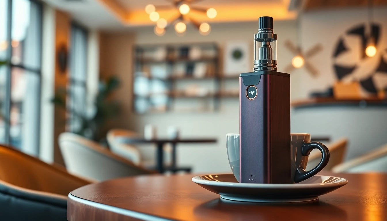 Elfbar Vaping-Gerät in einem eleganten Café-Umfeld mit modernem Stil