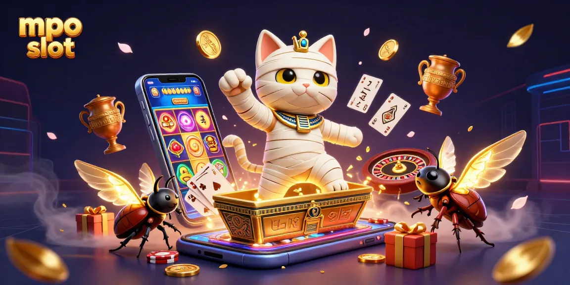 Play exciting mpo slot with a mummy cat bursting from a sarcophagus in a vibrant casino scene.