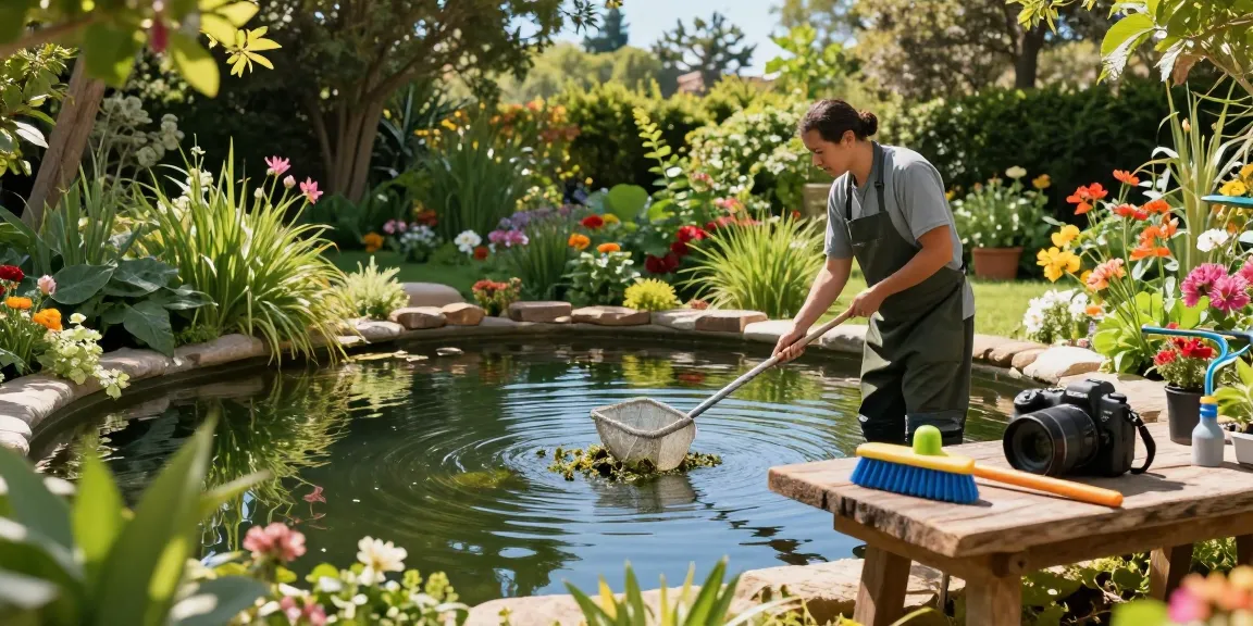 Pond Clean Essex professional cleaning a serene garden pond surrounded by vibrant plants and tools.