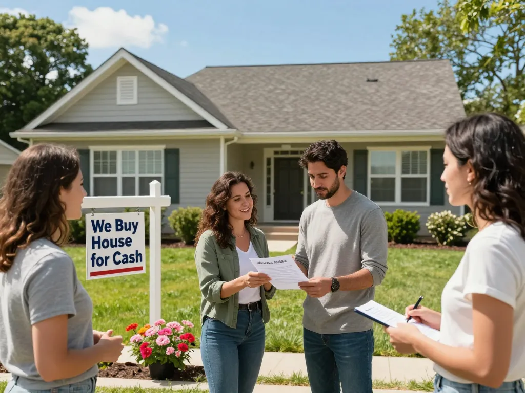 Homeowners relieved while discussing cash offer with friendly buyers in front of house. We buy houses for cash.