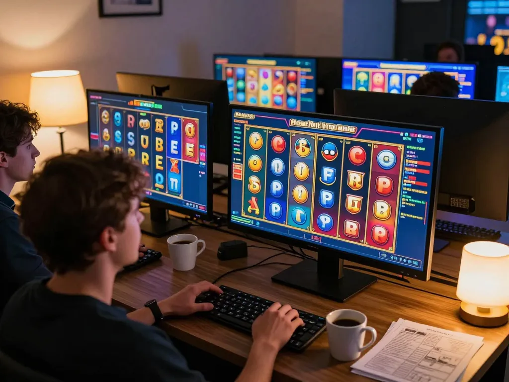 Players celebrating a win on situs slot with engaging online gameplay on multiple screens.