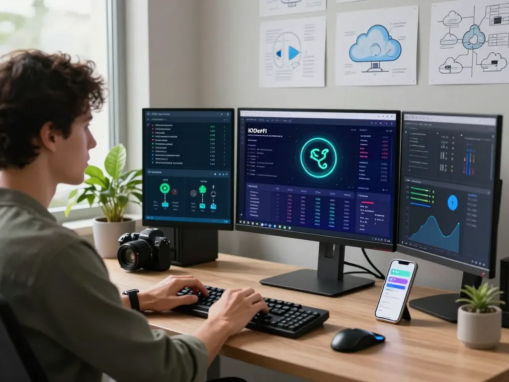 Engaging workspace with IODeFi login, showcasing cloud computing analytics on multiple screens.