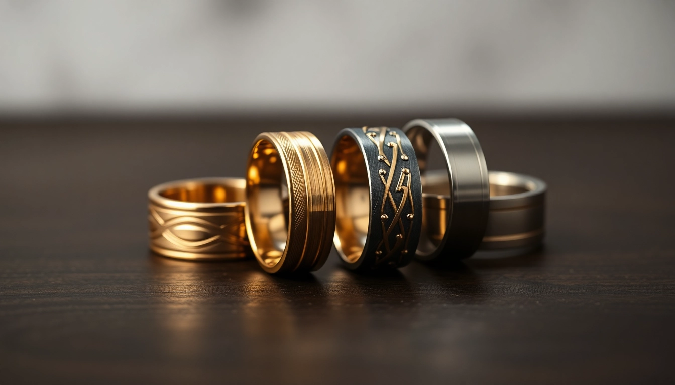 Showcase of men's wedding rings featuring intricate designs and smooth metallic finishes.