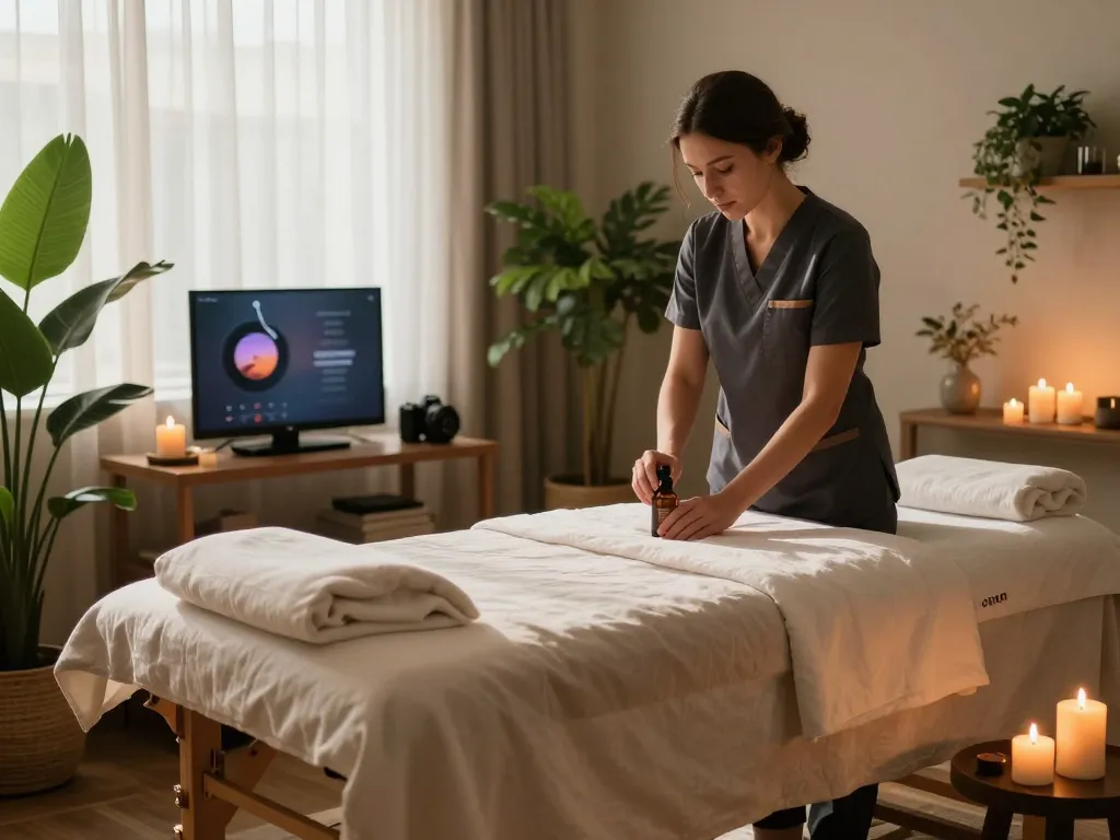 A relaxing massage therapy room focused on 논현동마사지, showcasing a therapist preparing essential oils, illuminated by soft sunlight for a peaceful atmosphere.