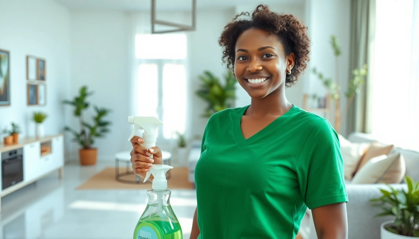 Engaging cleaning service with a friendly professional highlighting a spotless home environment.