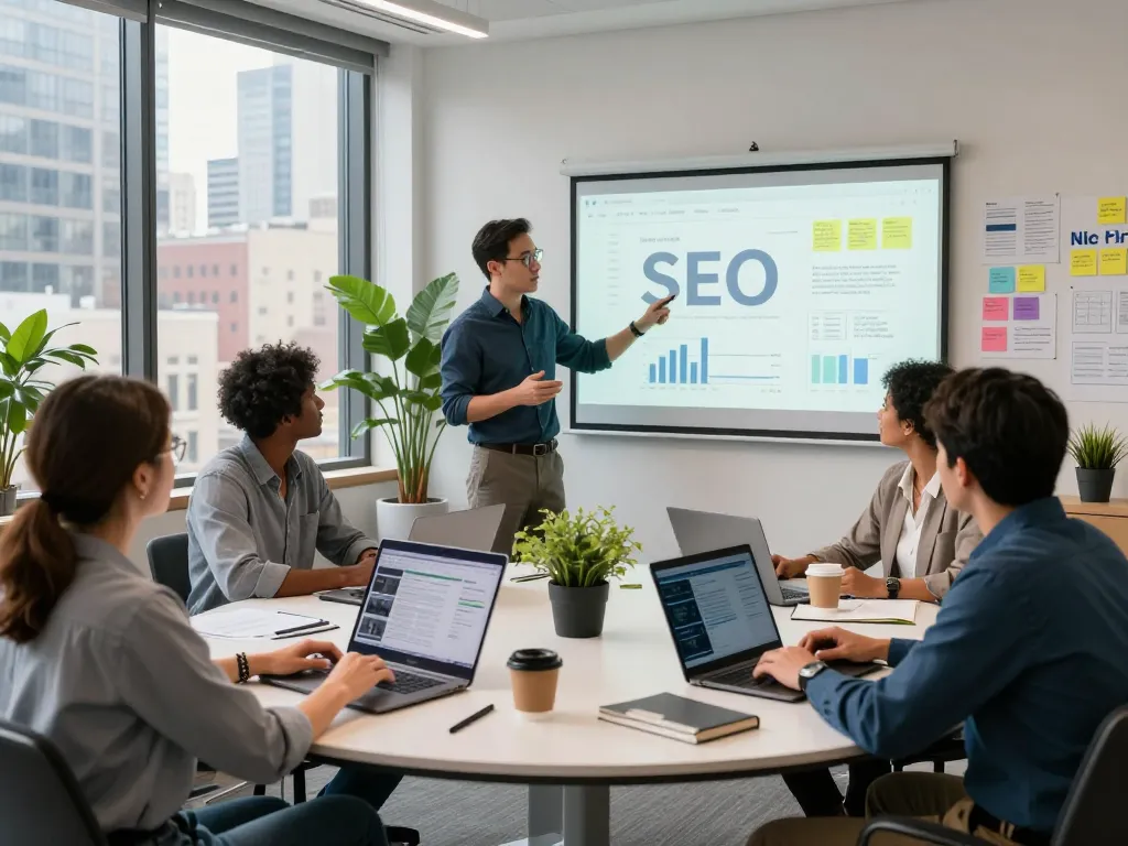 Collaborative professionals discussing SEO strategies in a vibrant NYC SEO Company.