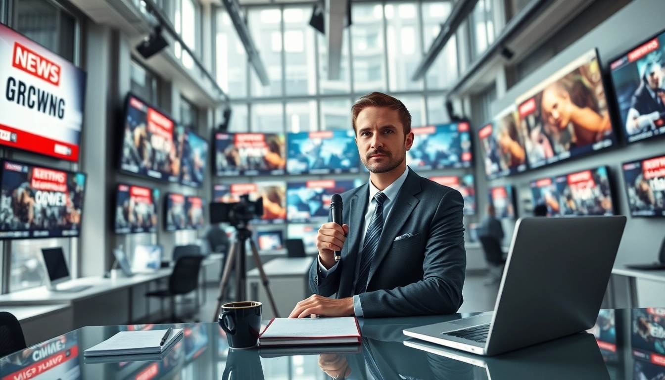 Engaging news scene showcasing a journalist in a modern office reporting on the latest news.