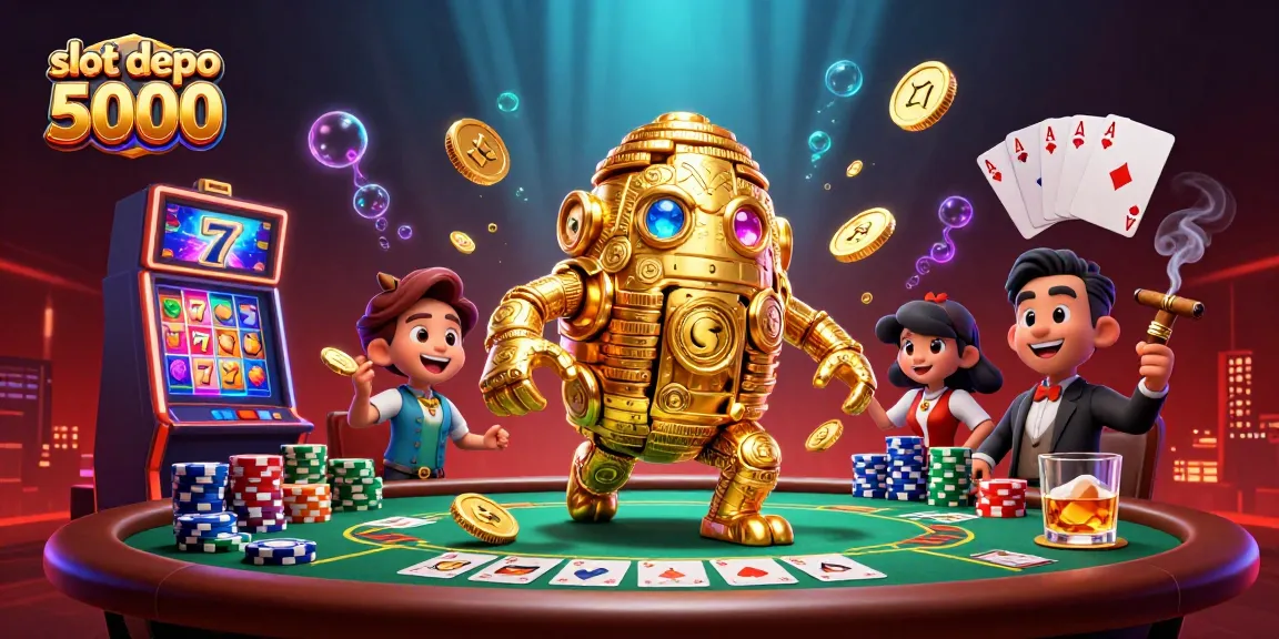 Engage in thrilling wins with slot depo 5000 featuring a dynamic golden golem and vibrant slot machine.