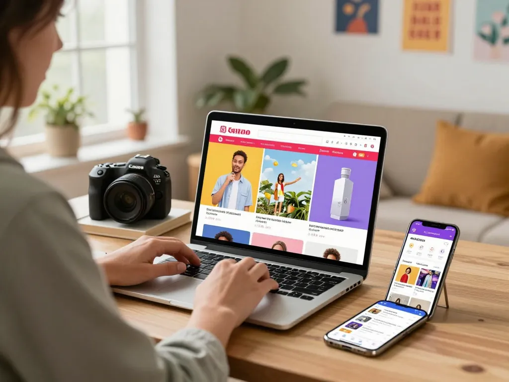 Vibrant online shopping experience at shs-dome5.com with stylish products displayed on a laptop.