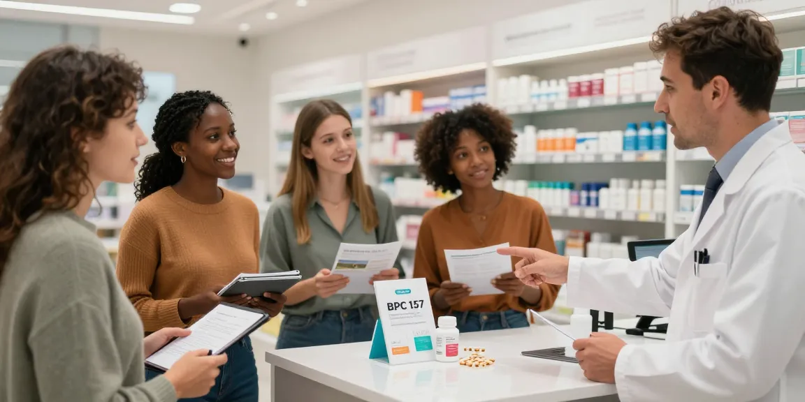 BPC 157 benefits highlighted in a modern pharmacy setting as a healthcare professional discusses innovative buccal strips with consumers.