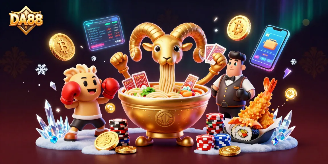 Engage in vibrant casino action with DA88, featuring a golden ramen bowl dealer and lively characters.