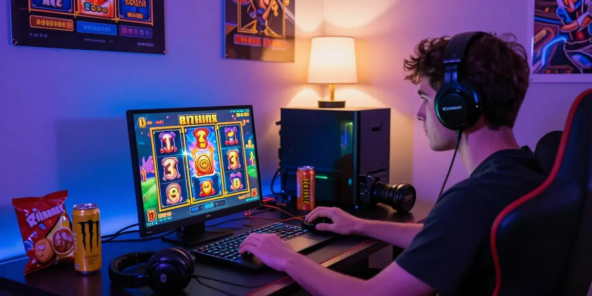 Exciting gameplay scene showcasing new bonus buy slots on a laptop with vibrant visuals, immersive gaming setup.