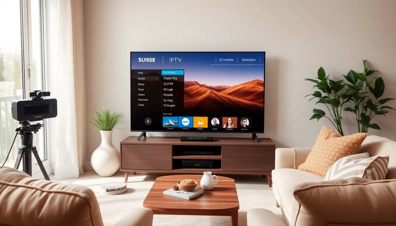 Suisse IPTV streaming interface showcased in a cozy living room setup.