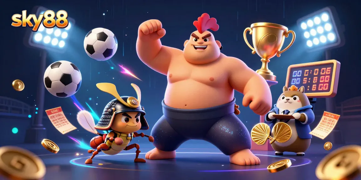 Engage in exciting action at sky88 with a dynamic 3D casino scene featuring sports elements.