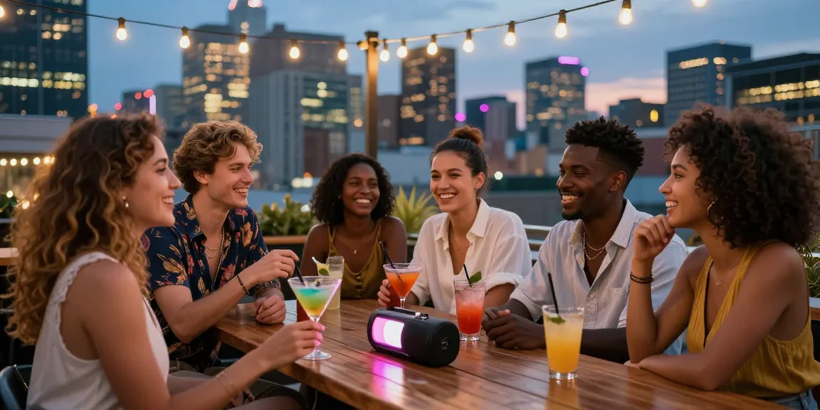 NSFW social gathering at a rooftop bar with friends in trendy outfits, vibrant city skyline view, capturing nightlife energy.