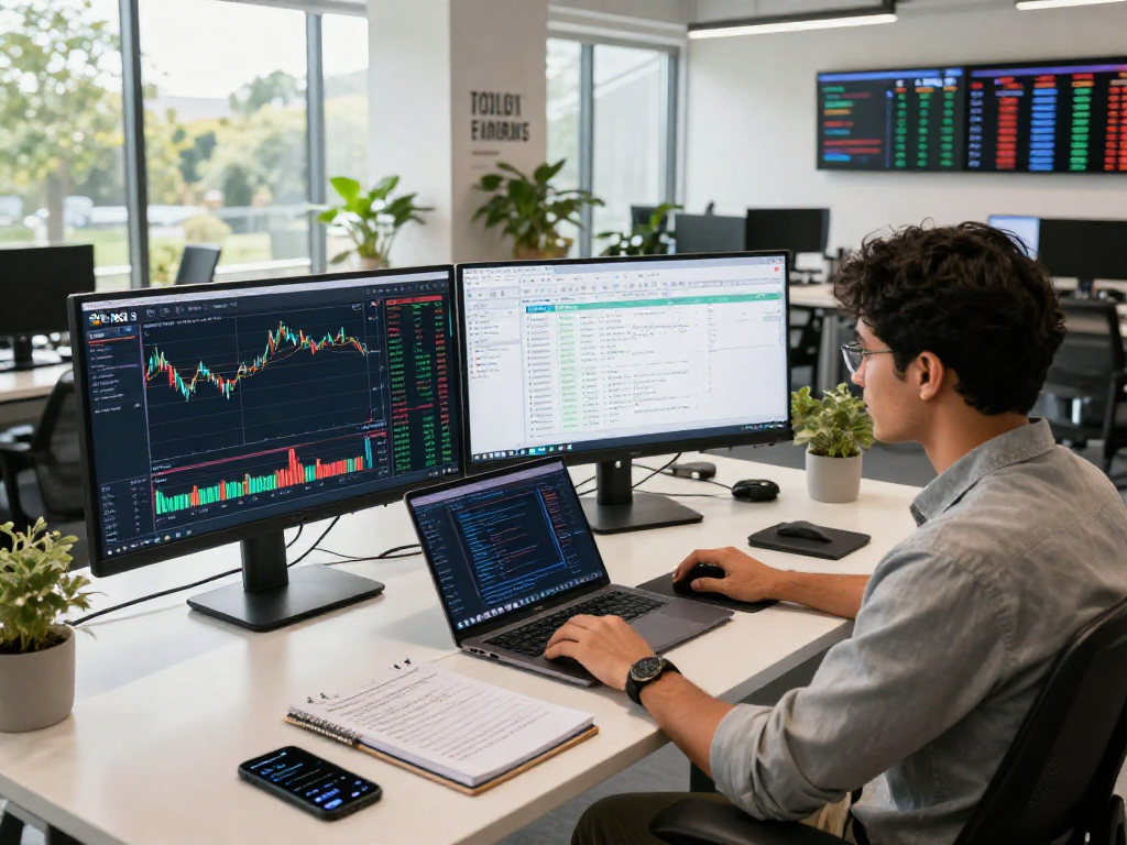NSE exchange stock data feed displayed on multiple monitors in a modern trading office