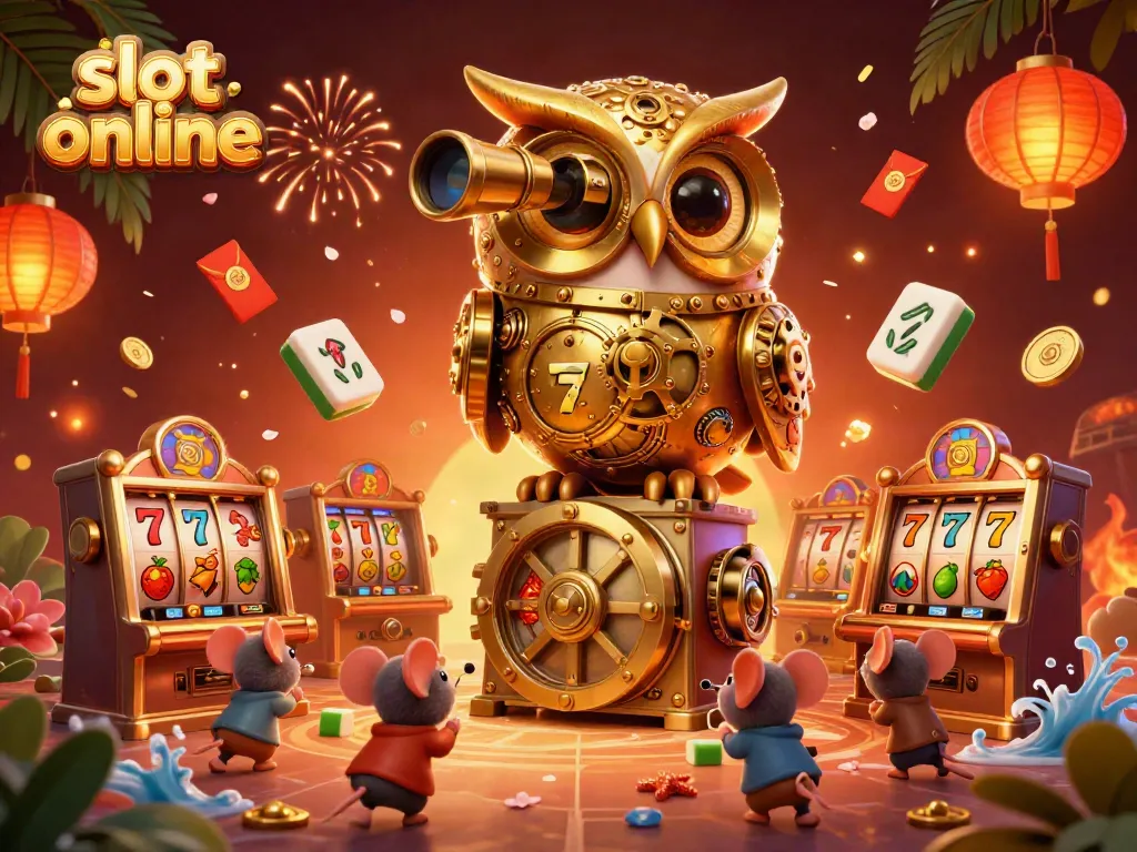 Menangkan pengalaman slot online yang mendebarkan dengan gambar burung hantu emas dan mesin slot yang hidup.
