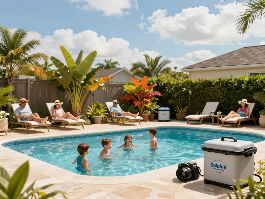 Dolphin Pool Services demonstrated in an inviting backyard scene with a family enjoying a clean, well-maintained pool.