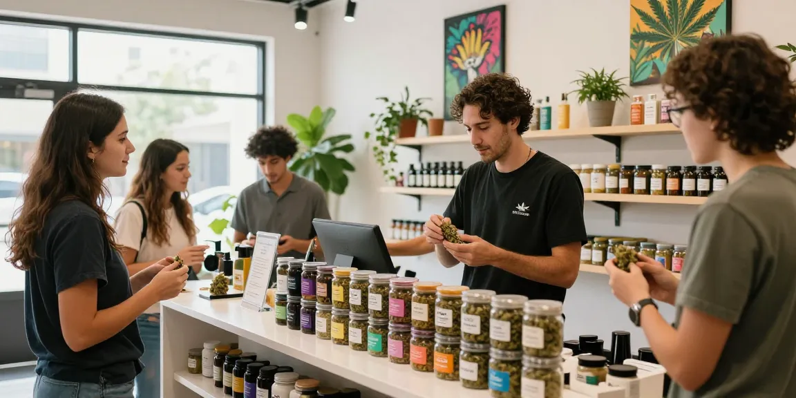 Engaging Zruntz strain review scene at a cannabis dispensary with customers exploring products.
