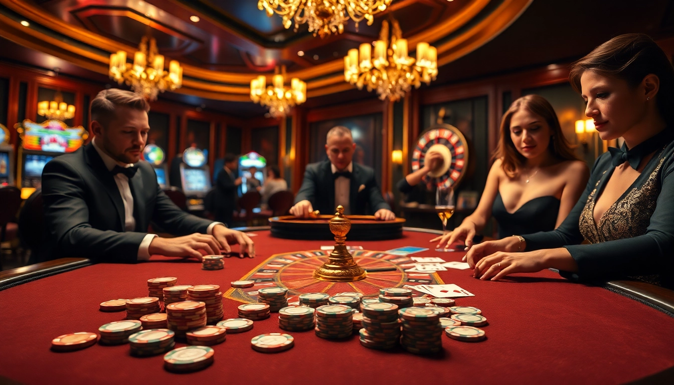 Zonafilm-themed poker game illustration showcasing high-stakes excitement with chips and cards.