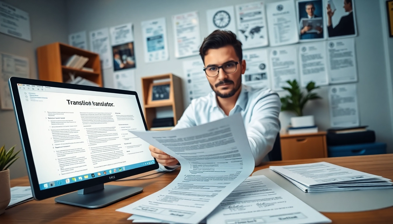 Authorized translator at work reviewing documents for traducere autorizată in a professional office.