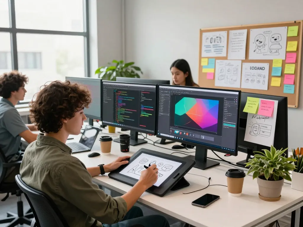 Generate an image to prompt from a vibrant tech workspace showcasing a designer at work.