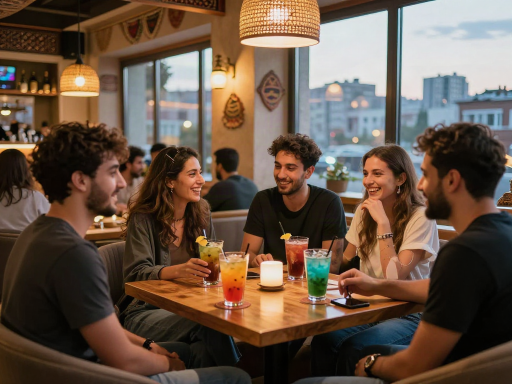 diyarbakır escort için trendy bir gece hayatı sahnesi, arkadaş grubu rahat bir ortamda eğleniyor