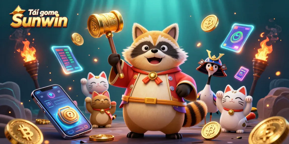 Win big by playing Tải game Sunwin, a vibrant 3D illustration with festive characters and crypto elements.