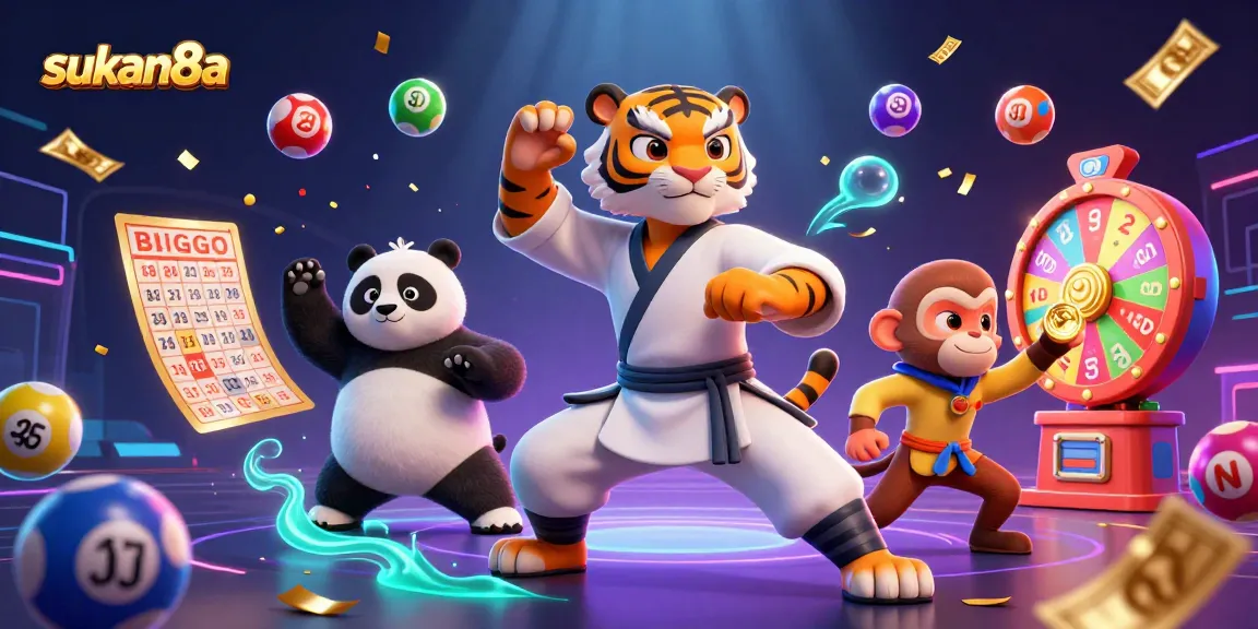 Sukan8a showcases a vibrant casino scene with engaging characters and thrilling lottery elements.