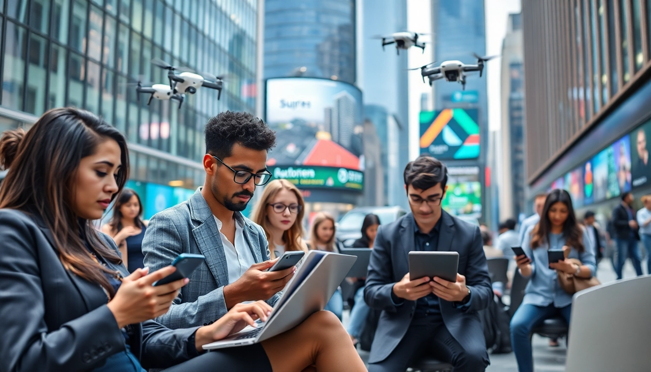 Engaging individuals utilizing Technology in a vibrant urban environment emphasizing innovation.