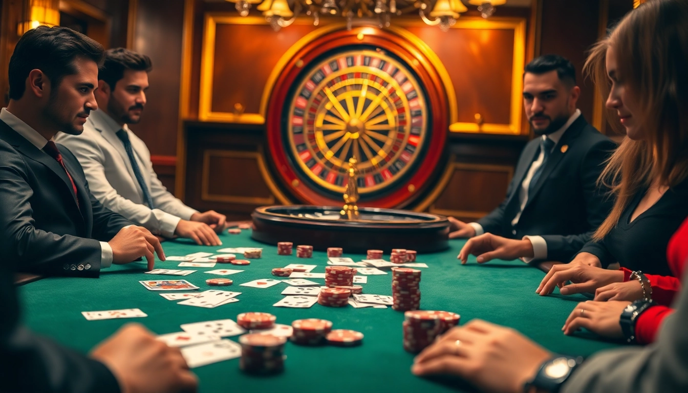 Des joueurs de poker passionnants dans un casino en ligne fiable avec des cartes et des jetons vibrants.
