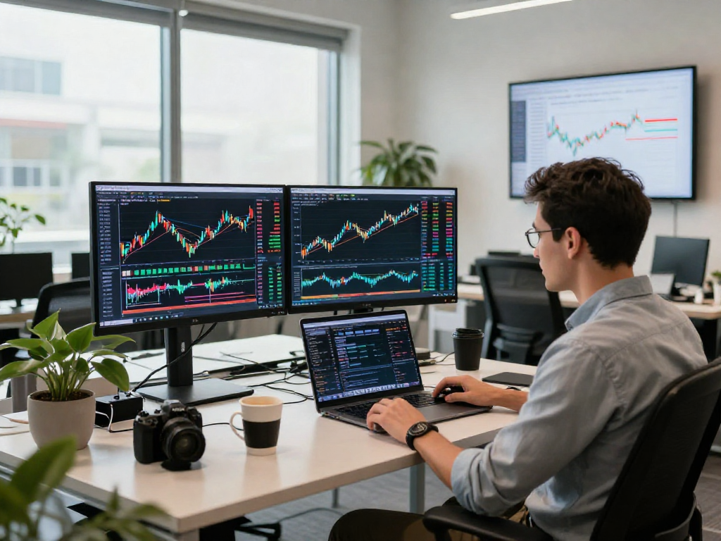 Dynamic trading setup showcasing TradingView analytics in a modern office environment.