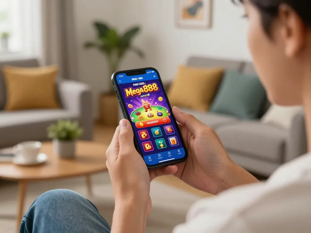 Player enjoying free credit mega888 on mobile device in a relaxed living room environment.