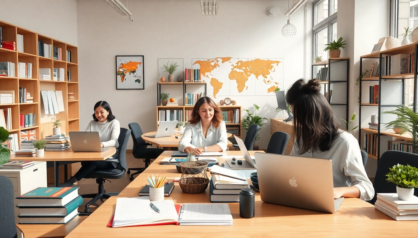 Scène de bureau captivante montrant une équipe diversifiée d'une agence de traduction collaborant sur des projets de traduction.