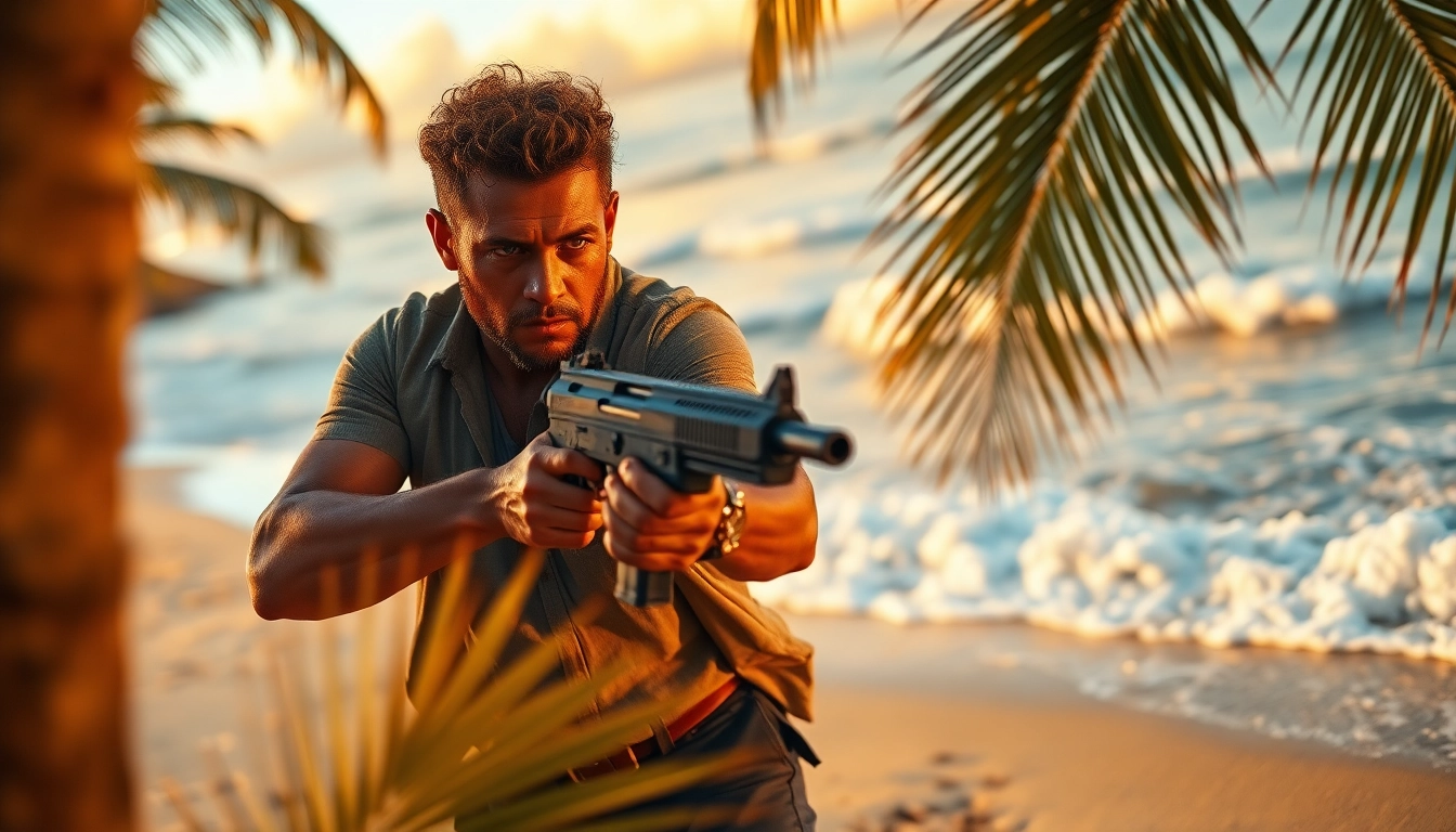 Action-packed scene from Aloha and Bullets featuring Leroy Silver ready for a thrilling confrontation.