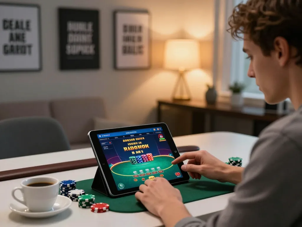 Player engaging in 3win online casino gameplay on tablet, showcasing strategic gameplay.