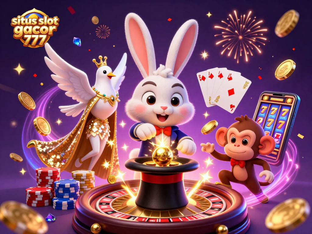 Experience big wins at situs slot gacor 777 with a magical scene featuring a rabbit and lavish casino elements.