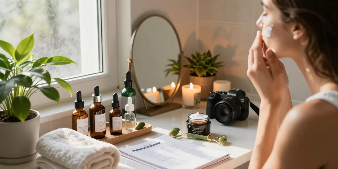 Aplicând crema hidratantă pentru față într-un baie elegantă cu lumină naturală și produse de îngrijire a pielii elegante.