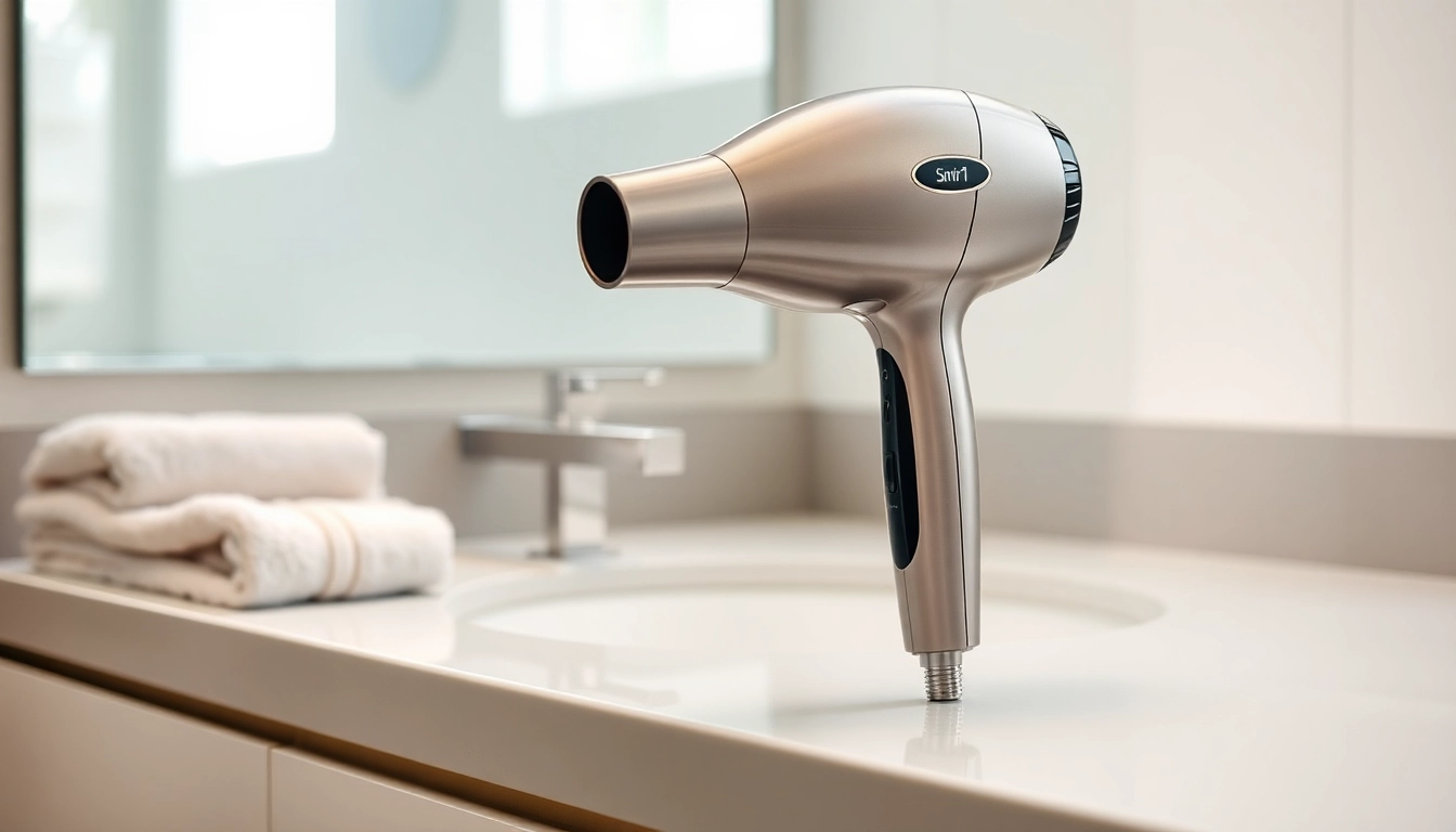 Hair dryer for fine hair elegantly displayed against a bright bathroom backdrop, showcasing its sleek design.