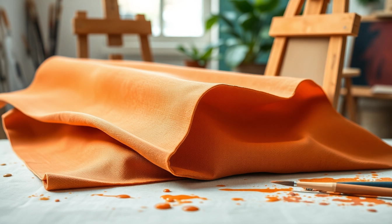 Canvas stof met kleurrijke texturen in een creatieve studio-omgeving.