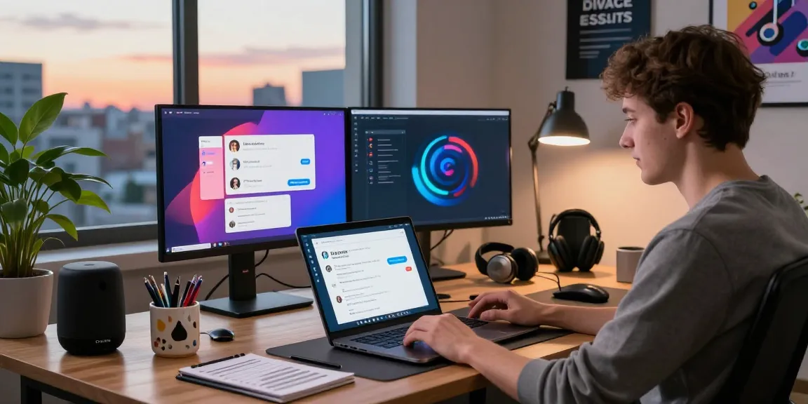 Engaged user showcasing 纸飞机中文版 in a modern home office setup, with vibrant chat displays and tech innovations.