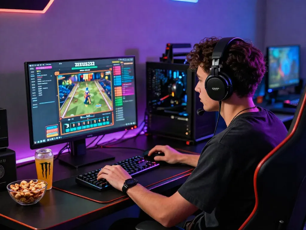 Platform ZEUS222 dengan gamer bersemangat di meja modern, menikmati slot online.